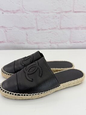 Chanel Goatskin CC Espadrille Mules 39 Black